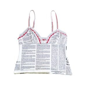 John Galliano Newspaper Print Camisole Top XL Lace Trim France Y2K Designer Rare